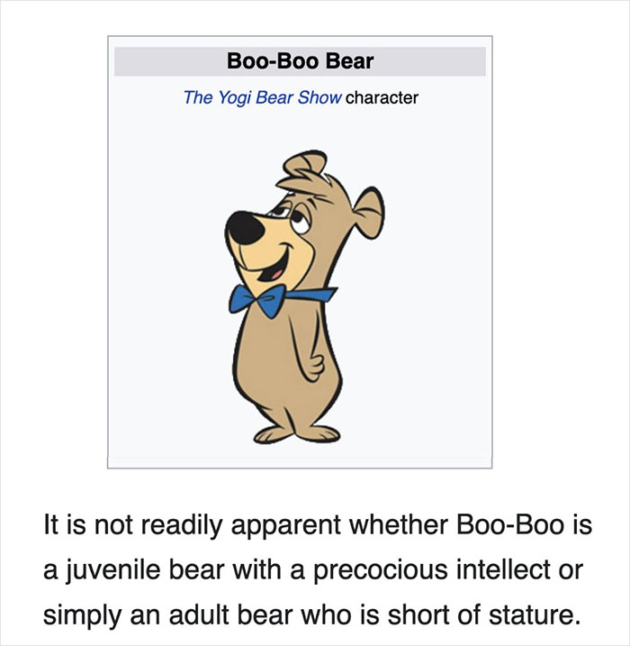 Cartoon Boo-Boo Bear from The Yogi Bear Show featured in funny Wikipedia gems shared online.