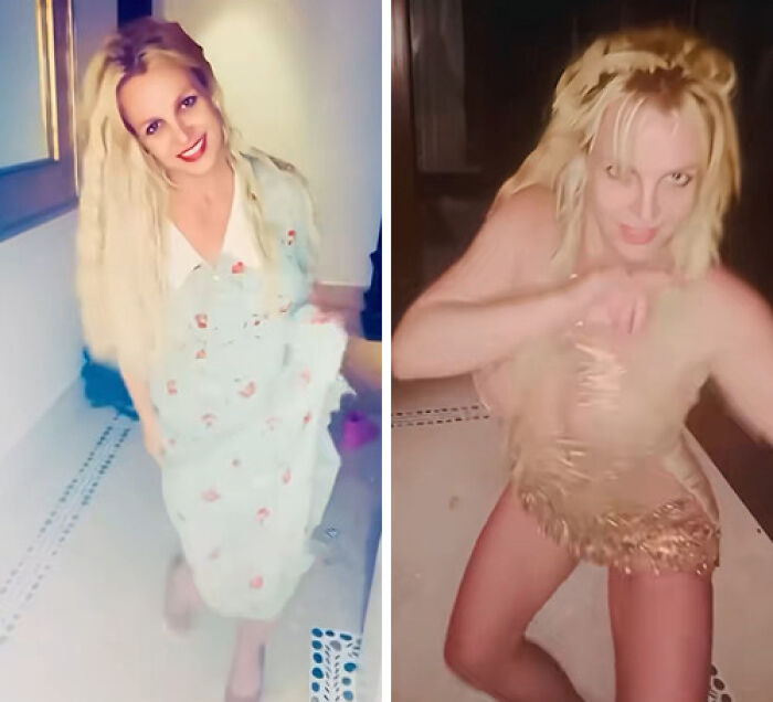 Britney Spears looks unrecognizable with messy blonde hair and unusual outfits in candid photos leaving a bar at night.