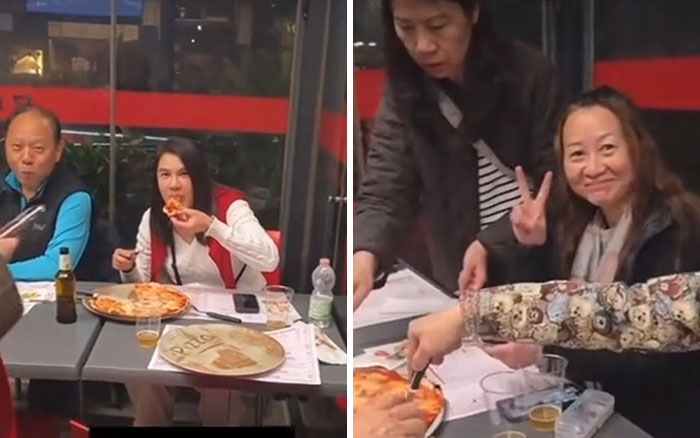 Group of tourists sharing pizzas at a restaurant amid backlash faced by the owner for insulting their meal choice. Group of tourists sharing pizzas at a restaurant amid backlash faced by the owner for insulting their meal choice.