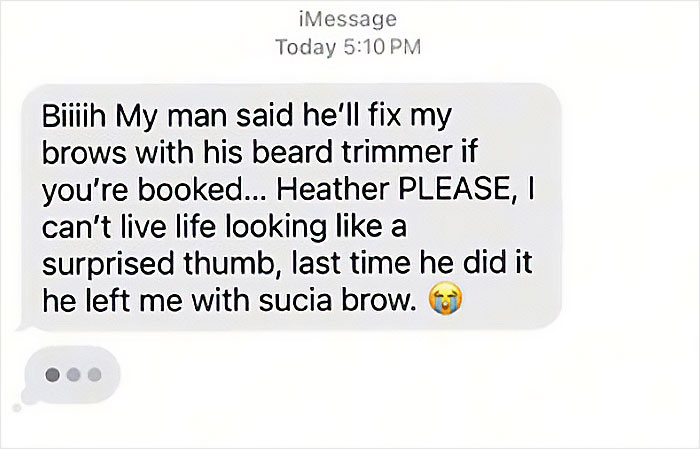 Client texts showing entitled demands, including requests to fix brows with a beard trimmer and complaints about past results.