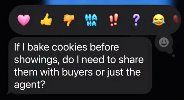Client text showing entitlement asking if baked cookies must be shared with buyers or just the agent before showings.