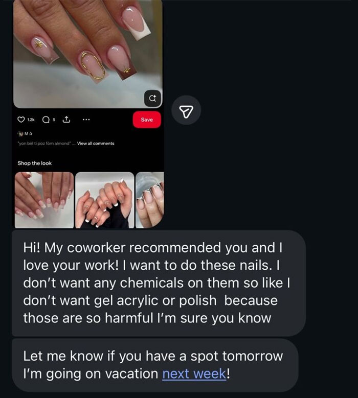 Client texts with entitled demands about nail services showing unreasonable requests and urgency for bookings.