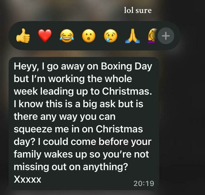 Client texts showing entitled requests to be squeezed in on Christmas day despite holiday plans and work schedule.