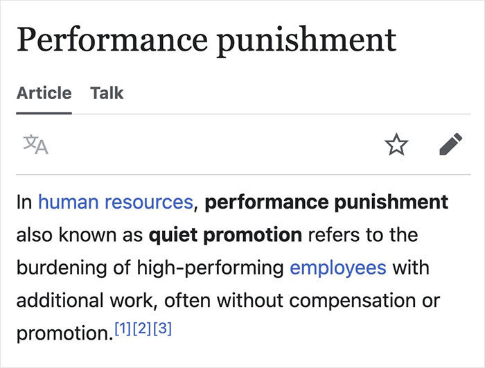 Wikipedia entry showing a funny gem about performance punishment and quiet promotion in human resources and employees.
