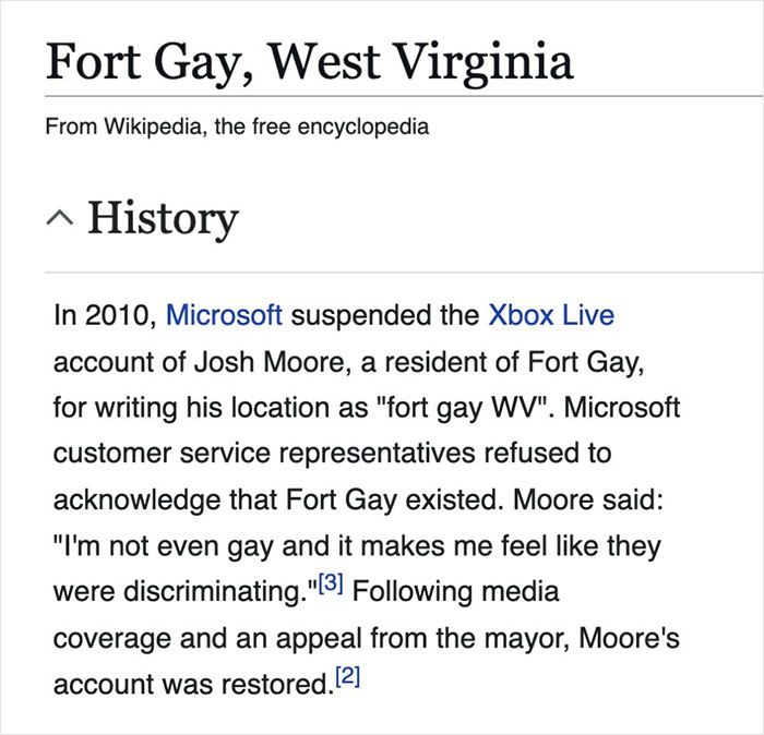 Wikipedia entry showing a humorous gem about Fort Gay, West Virginia, and Xbox Live account suspension in 2010.