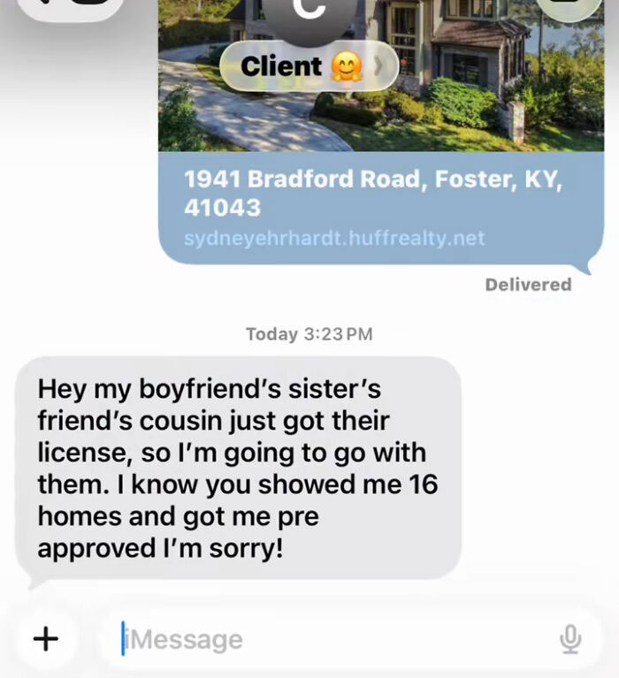Client texts showing entitled messages to real estate agents, highlighting frustrating client behavior online.