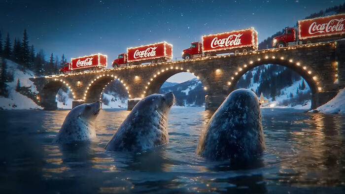 Three seals in water near a lit bridge with Coca-Cola holiday trucks, highlighting Coca-Cola&rsquo;s holiday commercial and AI theme.