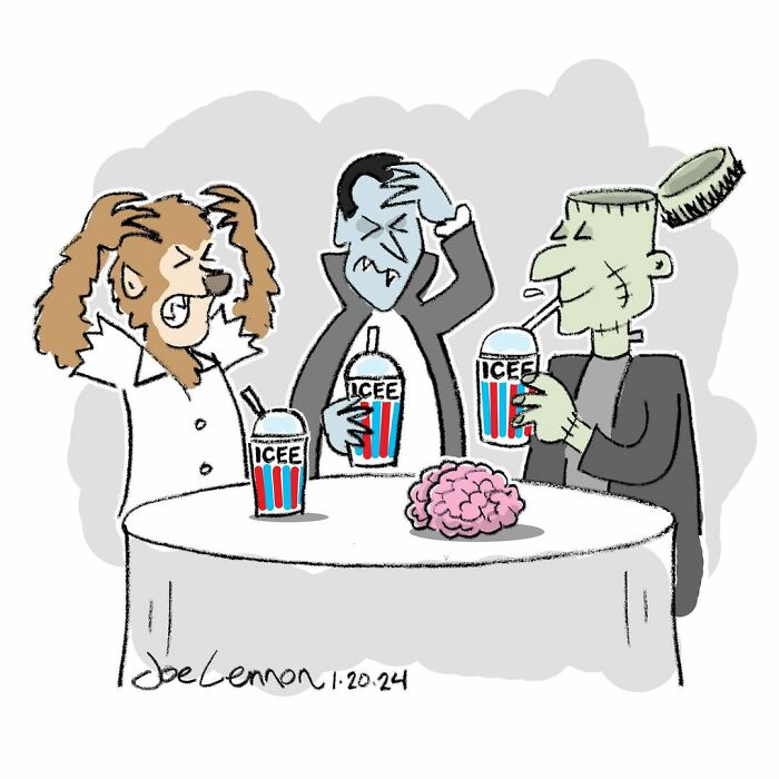 Absurdly funny single-panel cartoon showing classic monsters drinking ICEE drinks around a table with a brain centerpiece.