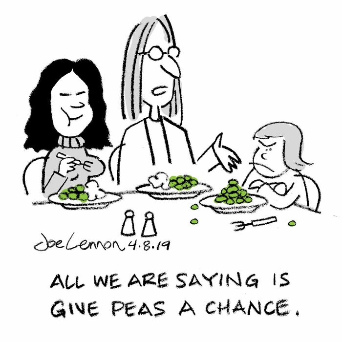 Single-panel cartoon by Joe Lennon showing a family at dinner with peas on their plates and a humorous caption.