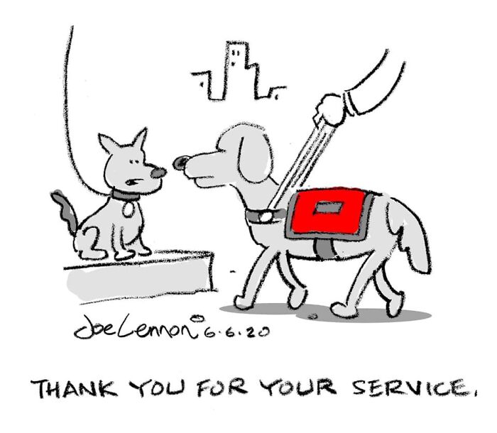 Absurdly funny single-panel cartoon showing a service dog being thanked by another dog on a city sidewalk.