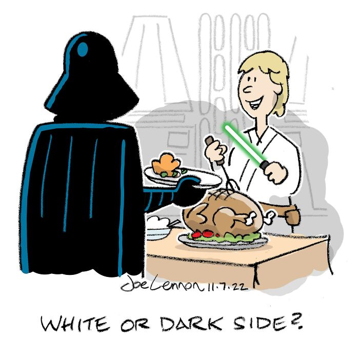 Cartoon depicting a humorous Star Wars-themed dinner scene from single-panel cartoons by Joe Lennon.