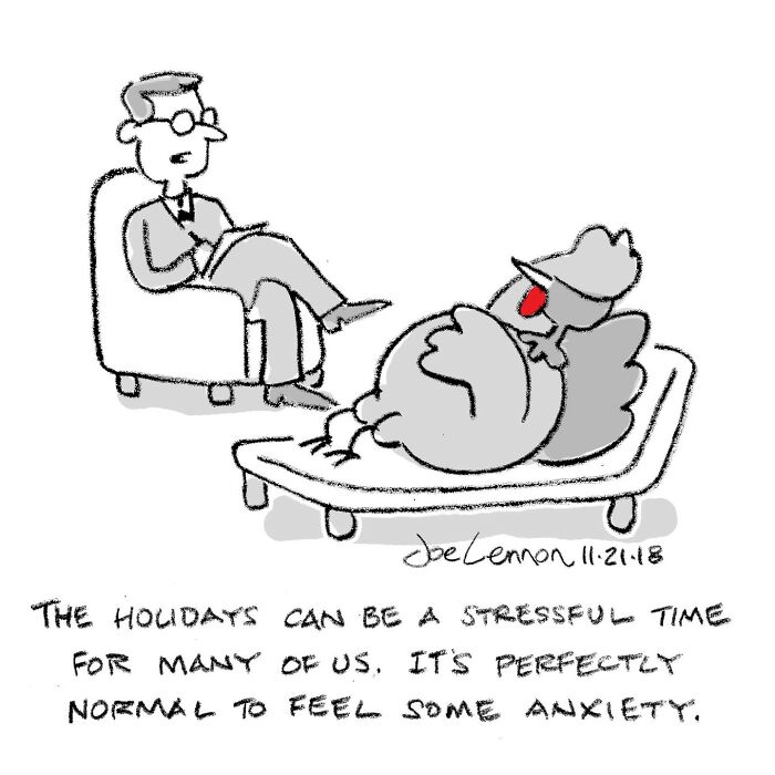 Single-panel cartoon by Joe Lennon showing a chicken in therapy with a therapist discussing holiday anxiety and stress.