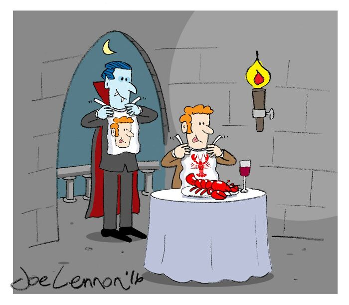 Absurdly funny single-panel cartoon showing a vampire holding a bib with a man’s face and a man wearing a lobster bib at dinner.