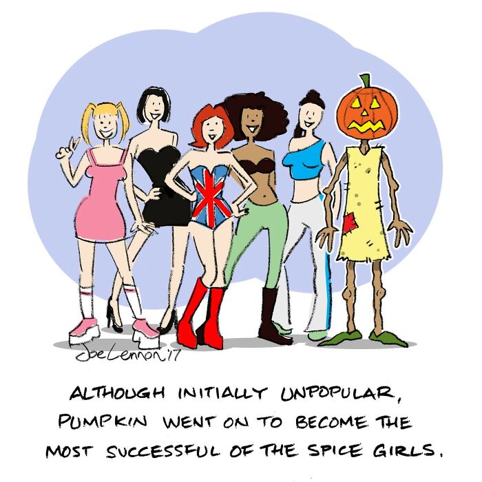 Cartoon of Spice Girls with a pumpkin-headed character, funny single-panel cartoon by Joe Lennon.