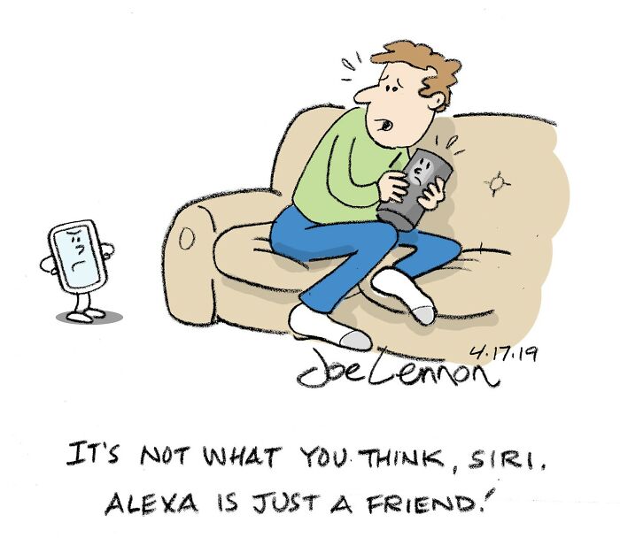 Man nervously holding a smart speaker on a couch while a smartphone looks on in this funny single-panel cartoon by Joe Lennon.