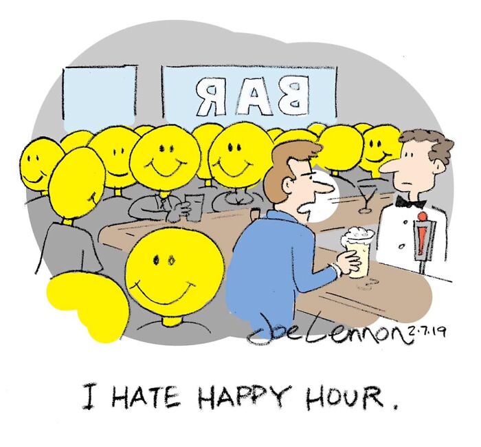 Single-panel cartoon by Joe Lennon showing a man at a bar surrounded by people with smiley faces on their heads.