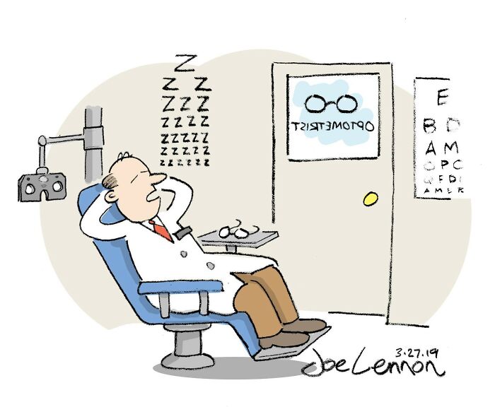 Cartoon of an optometrist sleeping in his chair during an eye exam in a single-panel funny comic style.