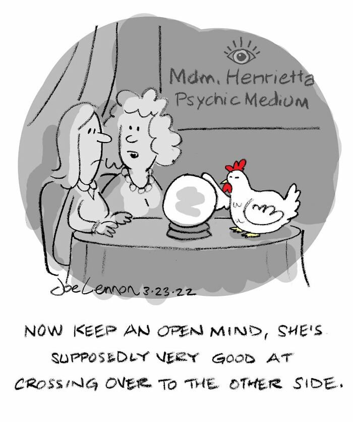 Absurdly funny single-panel cartoon showing a psychic medium session with a chicken and a crystal ball.