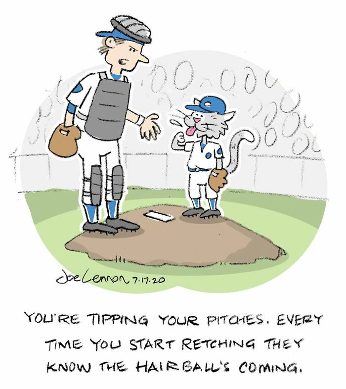 Baseball cartoon featuring a catcher and a cat pitcher in a humorous single-panel cartoon by Joe Lennon.