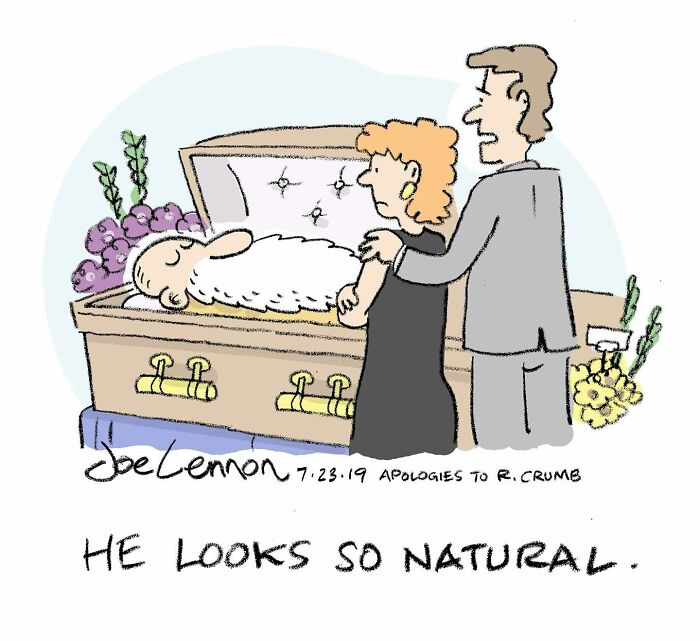 Single-panel cartoon by Joe Lennon shows a humorous funeral scene with a sheep in a casket and mourners nearby.