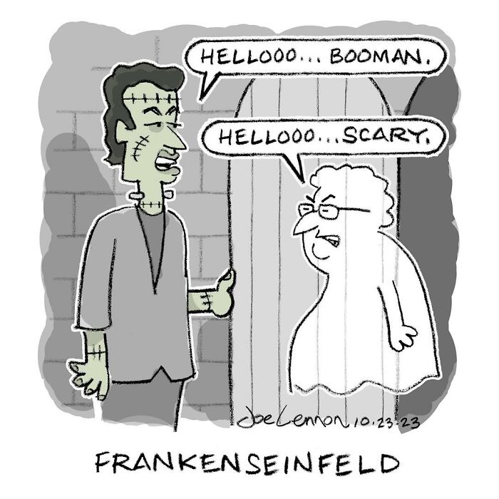 Absurdly funny single-panel cartoon of Frankenstein and ghost exchanging greetings in a prison setting.