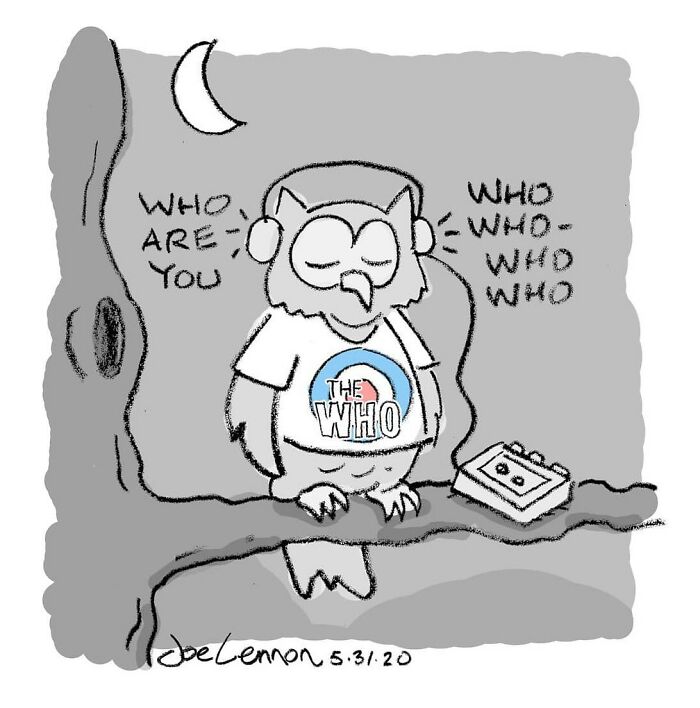 Owl wearing a The Who shirt and headphones, listening to a cassette player, with a moon in the night sky cartoon.