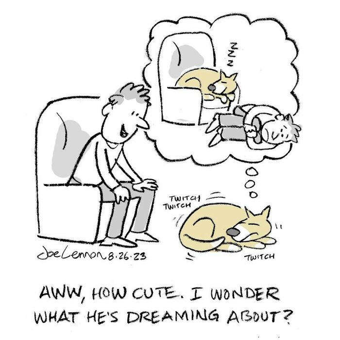 Single-panel cartoon by Joe Lennon showing a man imagining his dog dreaming while the dog twitches and sleeps.