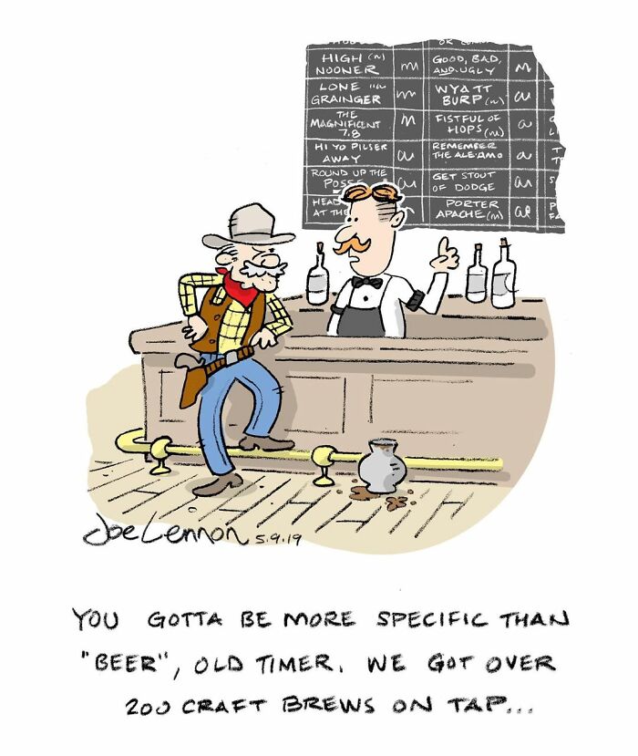 Cartoon by Joe Lennon showing a cowboy speaking to a bartender about the variety of craft brews on tap.
