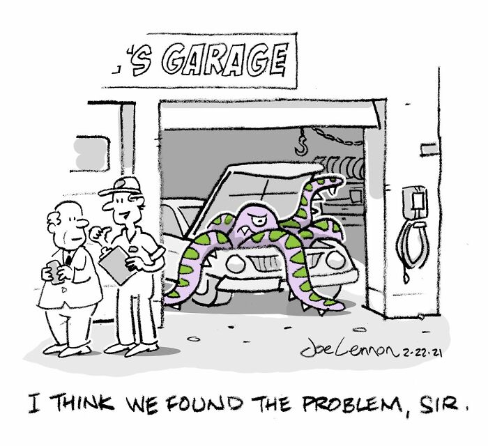 Single-panel cartoon by Joe Lennon showing a mechanic discovering a giant octopus under a car hood in a garage.