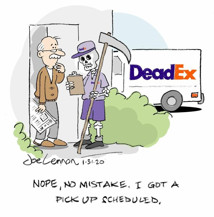Skeleton in delivery uniform holding a scythe stands by van labeled DeadEx in funny single-panel cartoon by Joe Lennon.