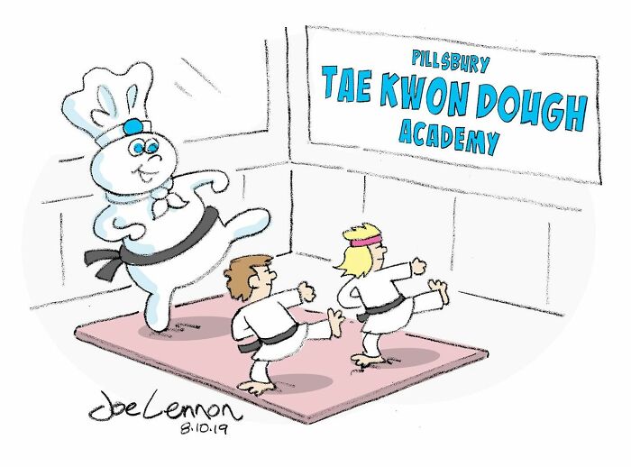 Cartoon of the Pillsbury Doughboy teaching kids at a Tae Kwon Dough academy in a funny single-panel cartoon style.