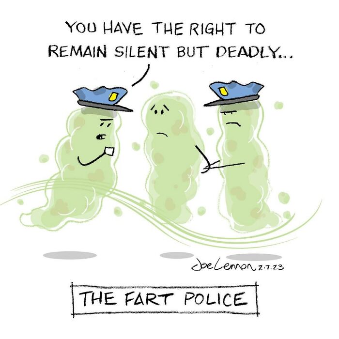 Absurdly funny single-panel cartoon of fart police wearing hats arresting a green gas cloud with a witty caption.