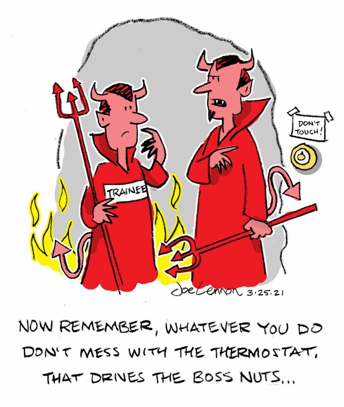Absurdly funny single-panel cartoon showing two devils in hell, one labeled trainee, discussing the thermostat rules.