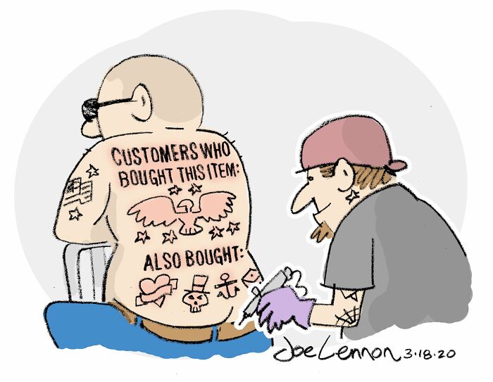 Absurdly funny single-panel cartoon showing a man getting a humorous promotional tattoo from a tattoo artist.