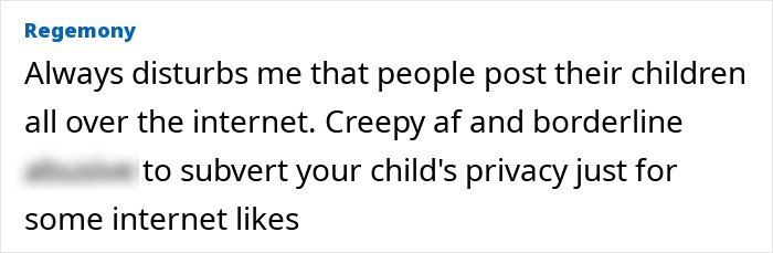 Alt text: Online comment criticizing parents posting about their children, highlighting privacy concerns and internet safety risks. Alt text: Online comment criticizing parents posting about their children, highlighting privacy concerns and internet safety risks.