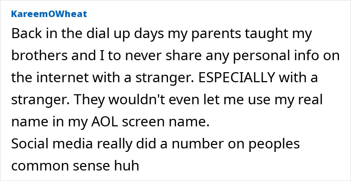 Text post discussing parental advice against sharing personal info online, highlighting risks of posting about children. Text post discussing parental advice against sharing personal info online, highlighting risks of posting about children.