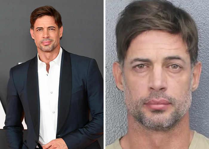 Side-by-side image of a male celebrity at a formal event and in a 2025 arrest photo illustrating celebrities arrested in 2025.