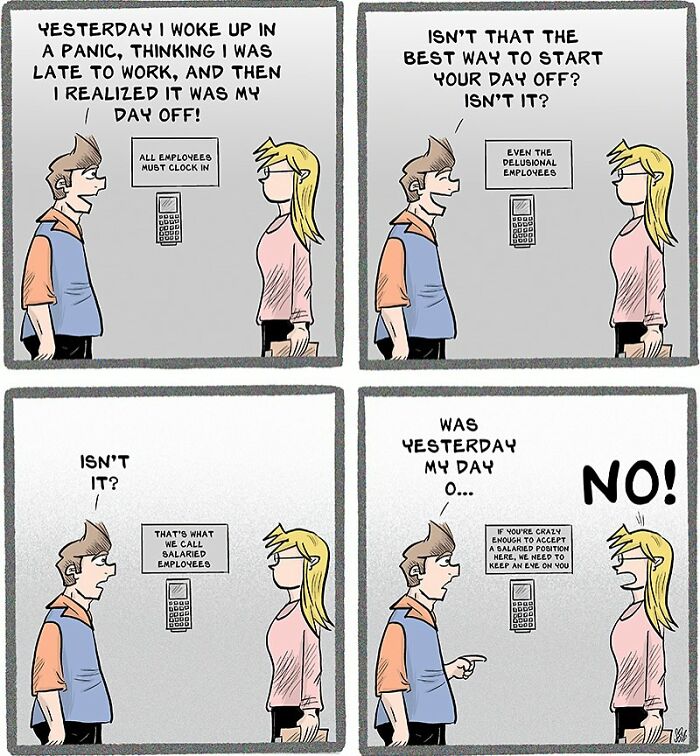 Comic strip showing relatable retail work chaos as employees discuss day off confusion near clock-in machine.