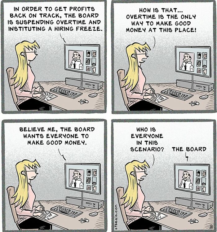 Comic strip illustrating the chaos of working in retail, showing a conversation about overtime and hiring freeze frustrations.