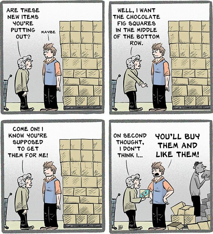 Comic strip showing a retail worker and customer humorously dealing with chaos in a busy retail environment.