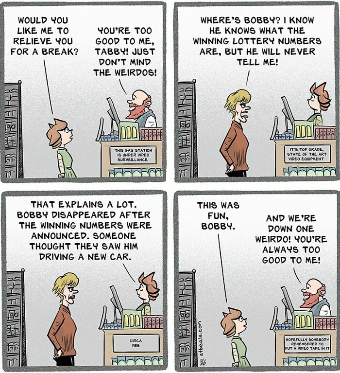 Comic strip depicting relatable chaos of working in retail with humorous customer interactions at a gas station counter.