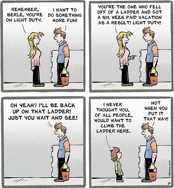 Comic panels showing a humorous retail worker conversation about light duty and climbing a ladder chaos in retail.
