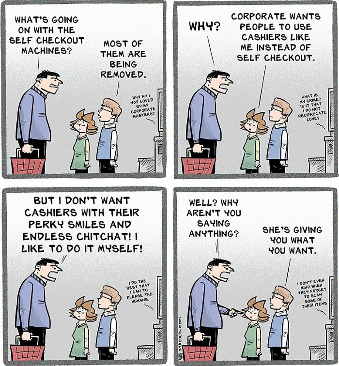 Comic strip showing retail worker discussing self-checkout removal, highlighting the chaos of working in retail environments.