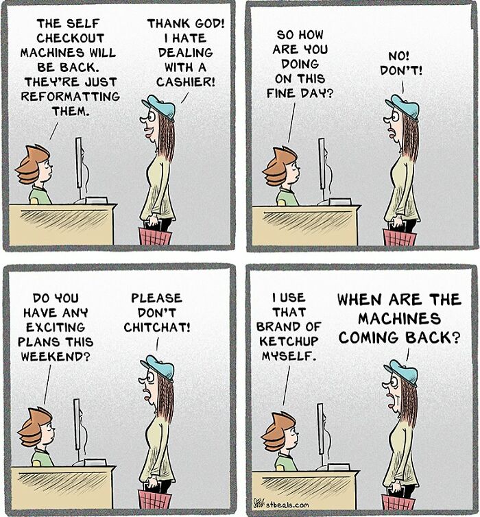 Comic strip showing the chaos of working in retail with a cashier and customer awkwardly chatting about self-checkout machines.