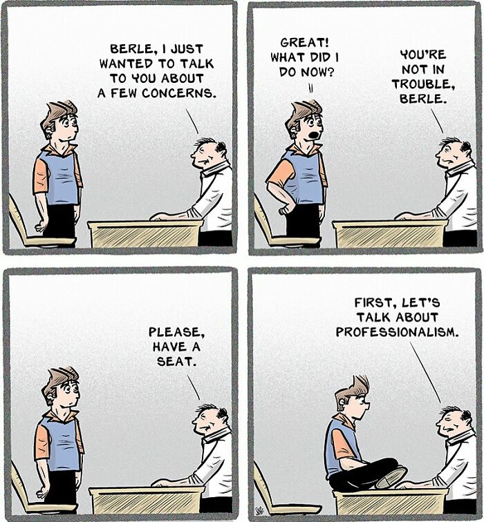 Comic strip showing a humorous conversation about professionalism, capturing the chaos of working in retail.