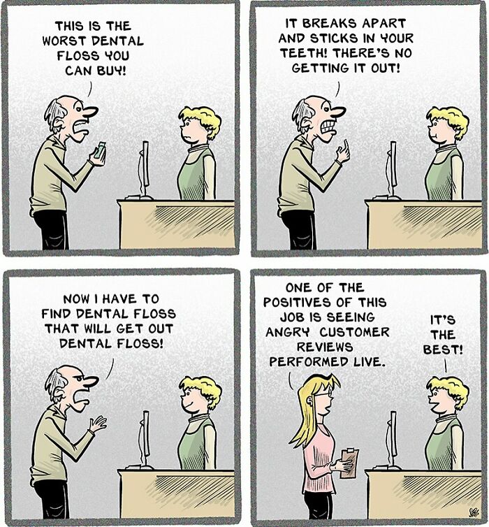 Comic strip showing a retail worker dealing with an angry customer over faulty dental floss, highlighting retail chaos humor.