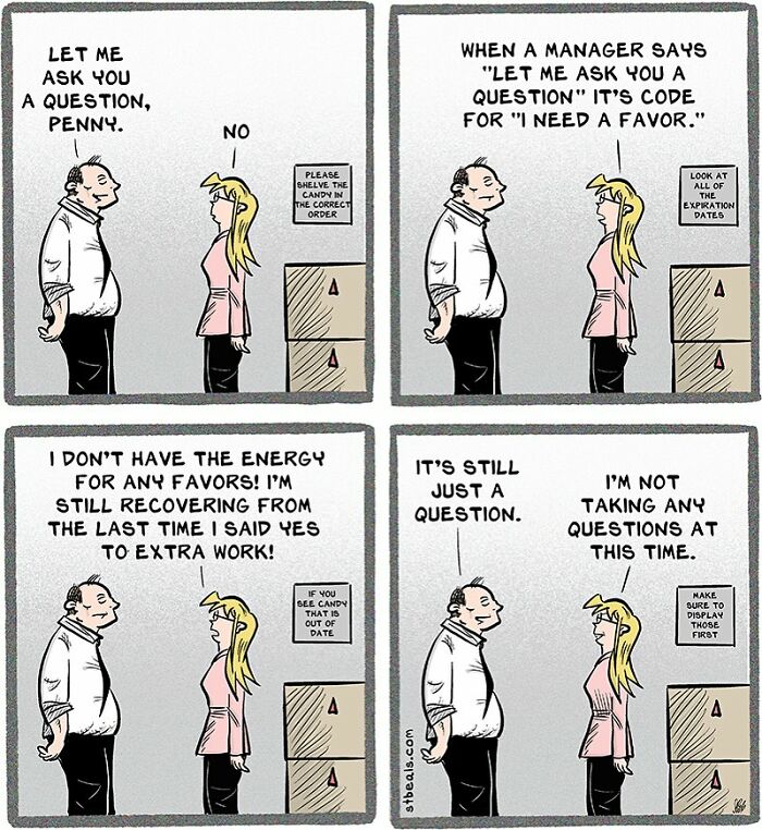 Comic strip showing the chaos of working in retail with a manager asking favors and an employee refusing extra work.