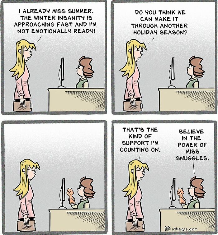 Comic strip showing two retail workers discussing winter chaos and holiday season stress with humor and support.