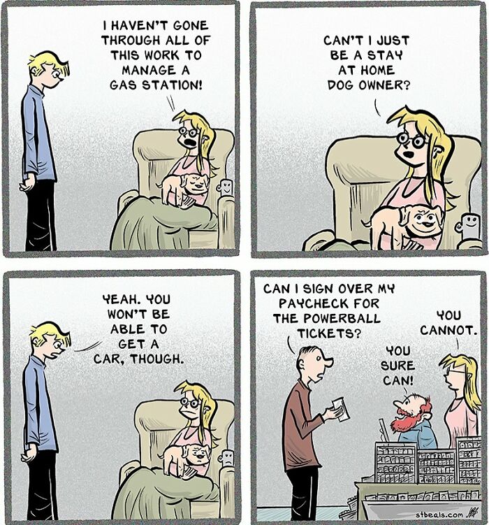 Comic panels depicting relatable retail work chaos with characters discussing job frustrations and paycheck dilemmas humorously.