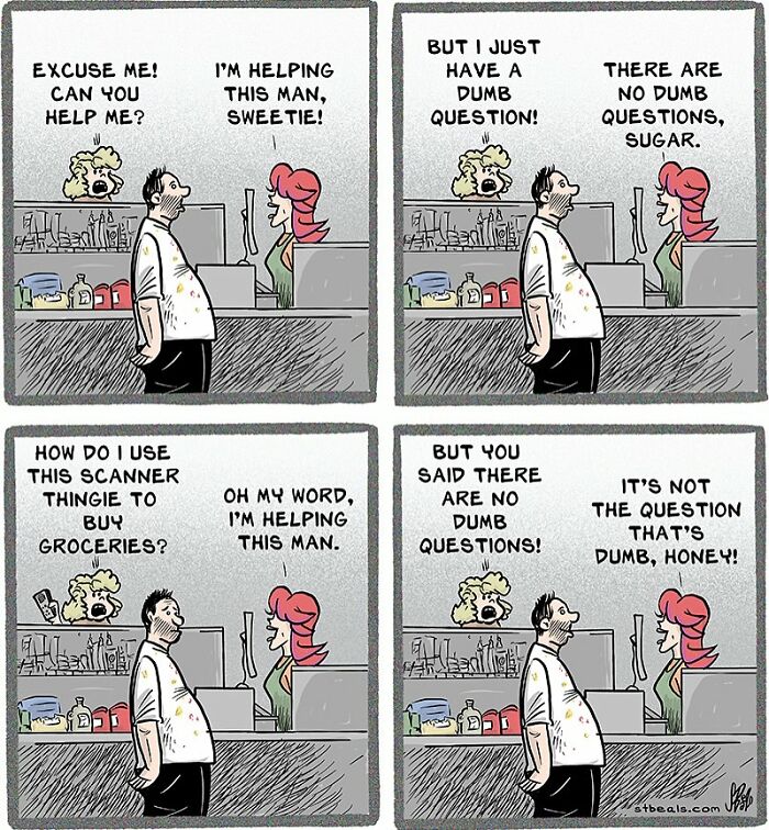 Comic strip showing amusing retail chaos with a confused customer and a sarcastic cashier at the checkout counter.